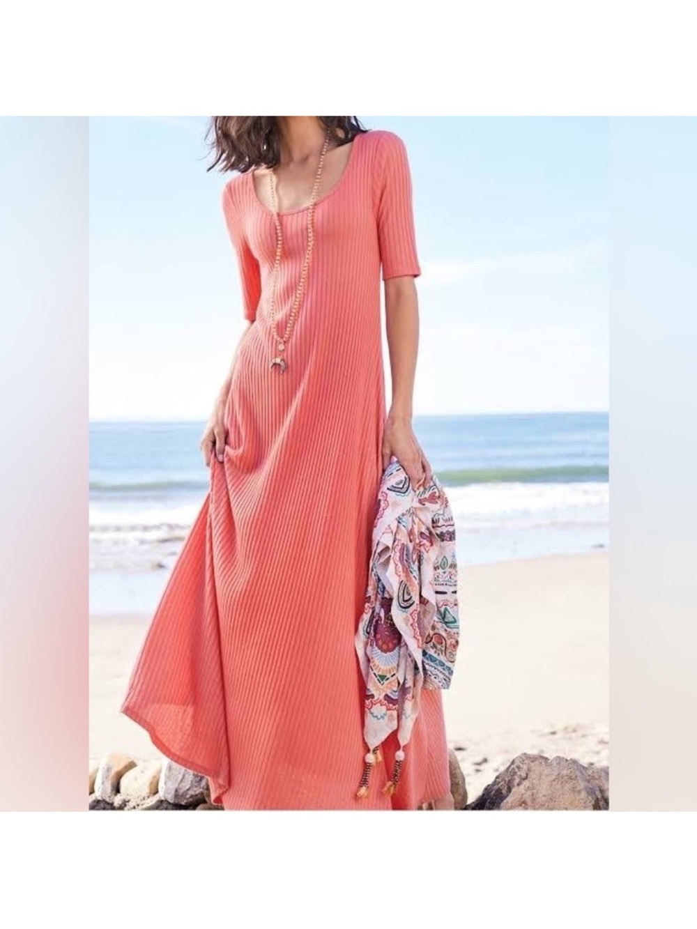 New Soft Surroundings textured short sleeve Santiago dress size large coral reef